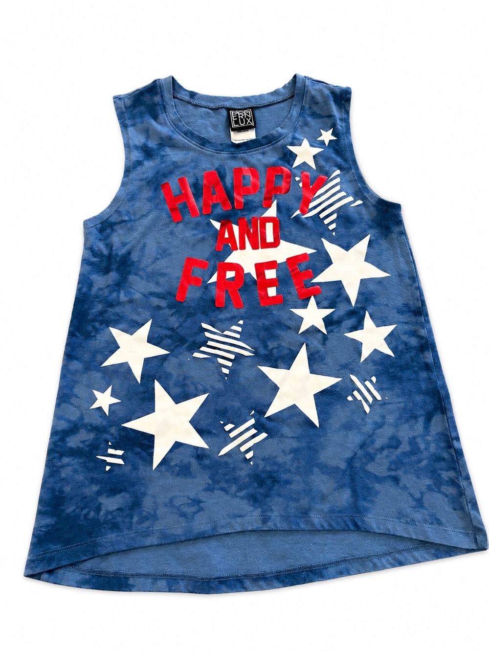 Girls Modern Lux “Happy and Free” Patriotic Tank Top USA Stars 4th of July Blue